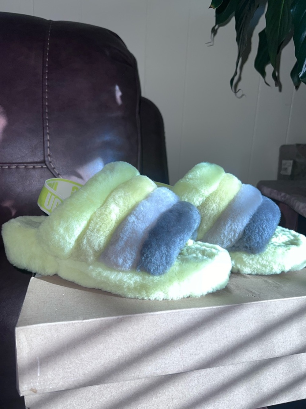 UGG Fluff Yeah Slide Slippers - Lime with Gray Stripes